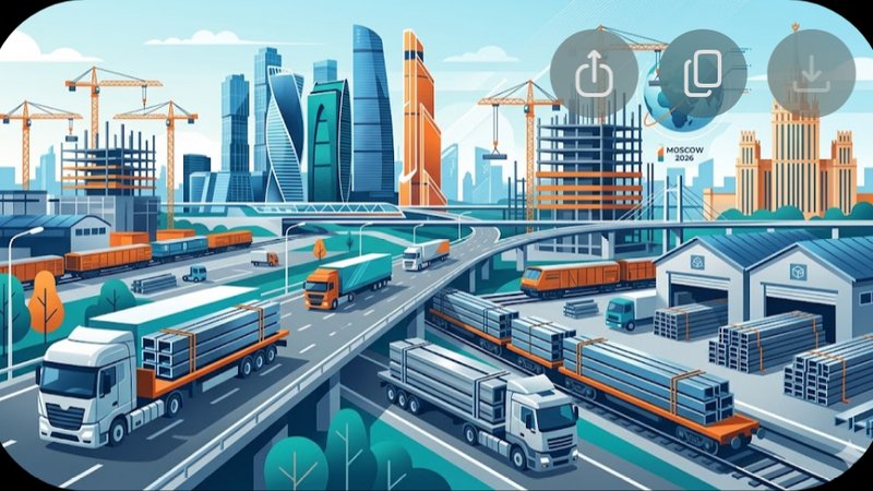 Современная иллюстрация рынка металлопроката в Москве с изображением стальных швеллеров для оптовых поставок