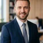 Портрет уверенного бизнесмена компании Металл Тотал на нейтральном фоне для раздела оптовых поставок швеллера